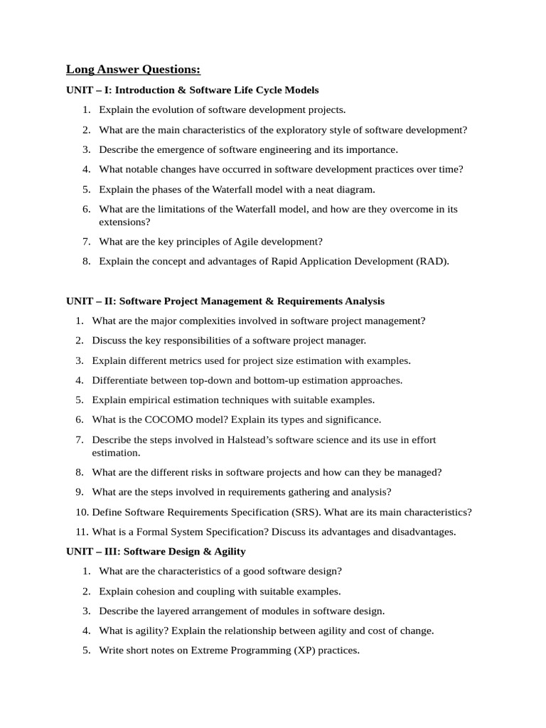 SE Short & Long Answer Questions | PDF | Software Development ...