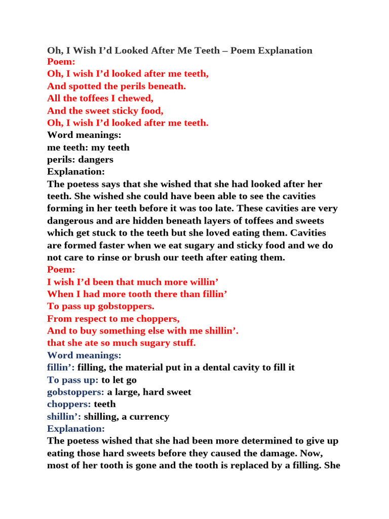 Poem Analysis: Dental Care Regrets | PDF | Dentistry Branches | Dentistry