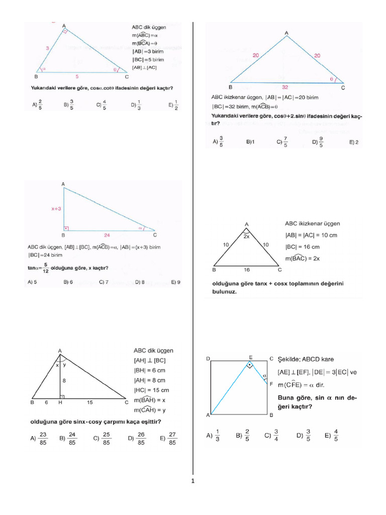 Sınıf TRİGONOMETRİ 2 Sorular PDF Ücretsiz | PDF