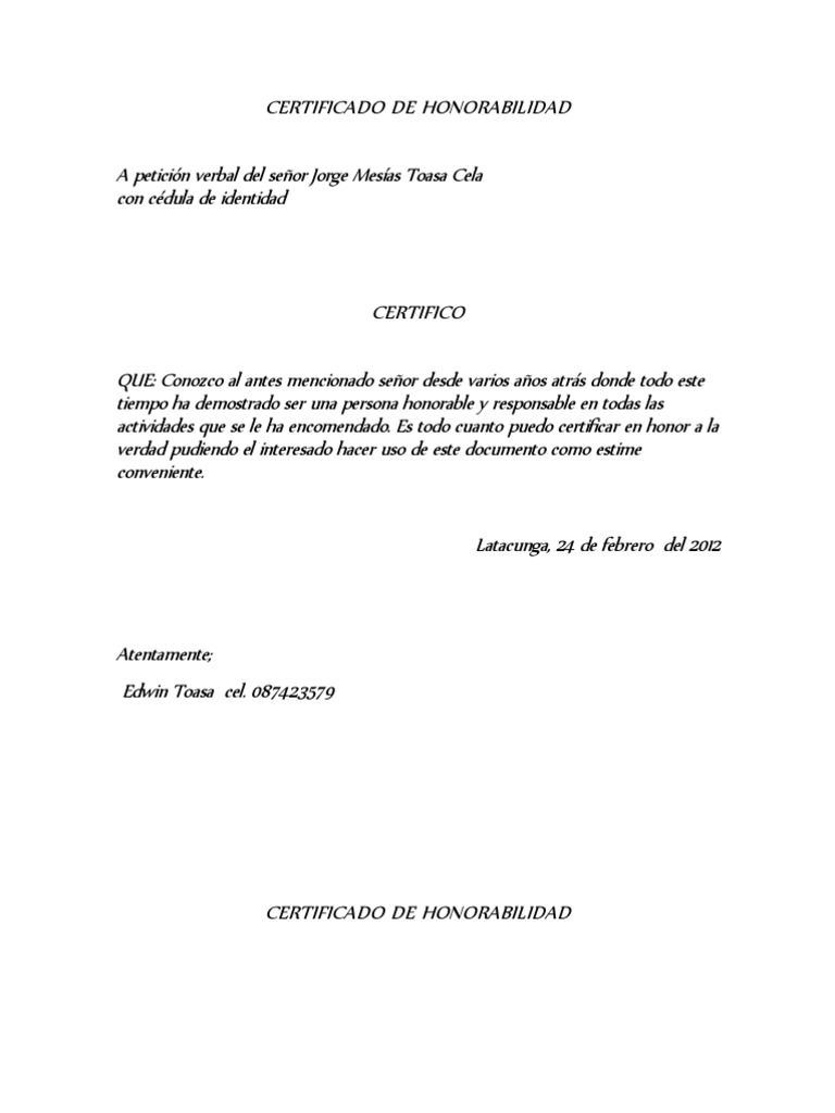 Formato Certificado De Honorabilidad Gratis  Soalan f