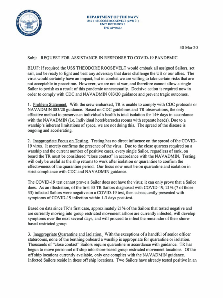 USS Theodore Roosevelt COVID-19 Response Plan | PDF | Quarantine | Medicine