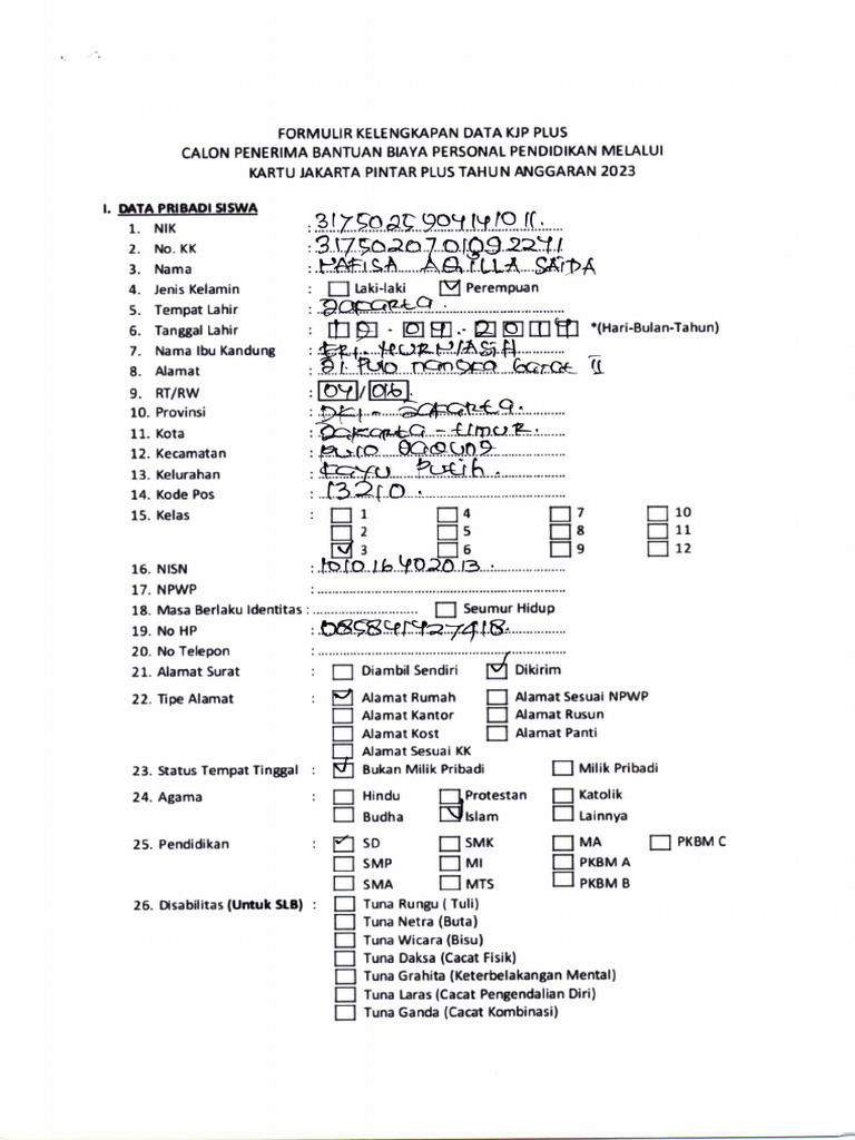 Form Pendaftaran KJP Plus 2023 | PDF