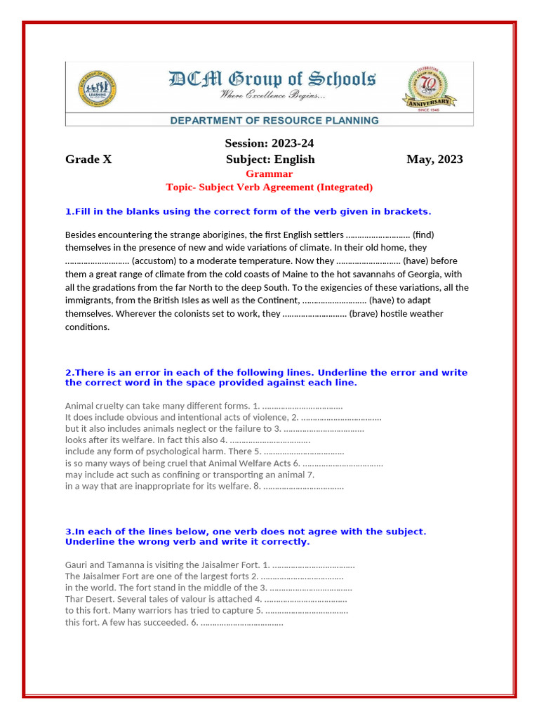 Subject-Verb Agreement Exercises for Grade X | PDF