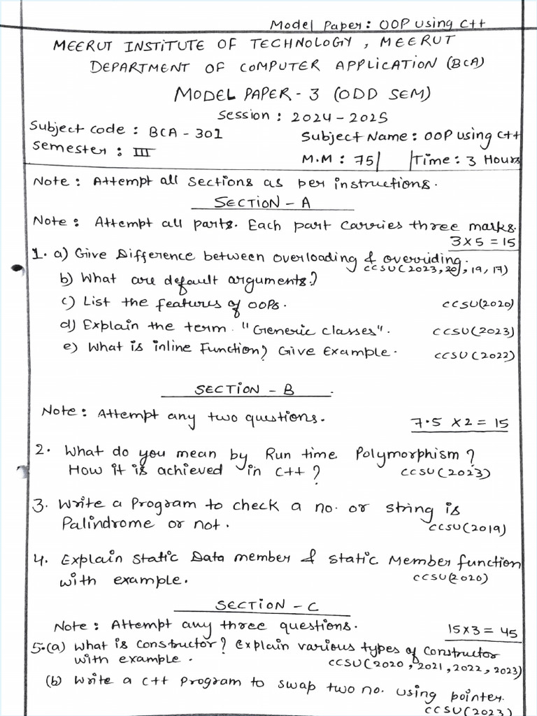 Model Paper 3 of C++ - (25-26) | PDF