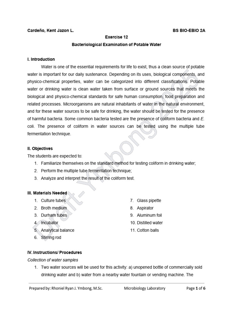 Bacteriological Testing of Drinking Water | PDF | Microbiology