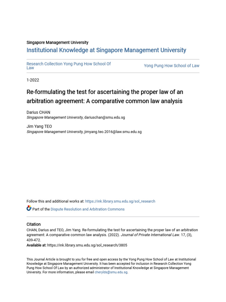 Re-Formulating The Test For Ascertaining The Proper Law of An Arb | PDF ...