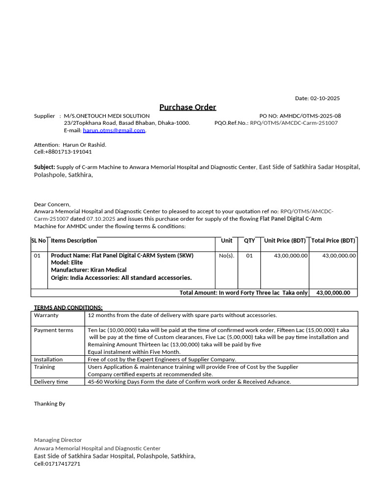 Purchase Order for C-Arm Machine | PDF