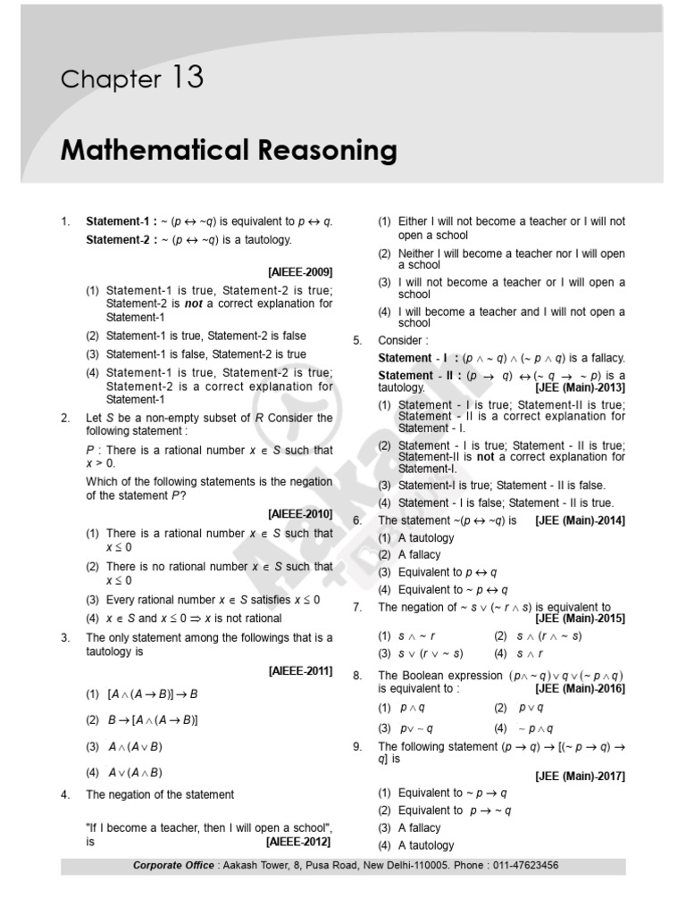 Mathematical Reasoning Questions for JEE | PDF | Boolean Algebra ...