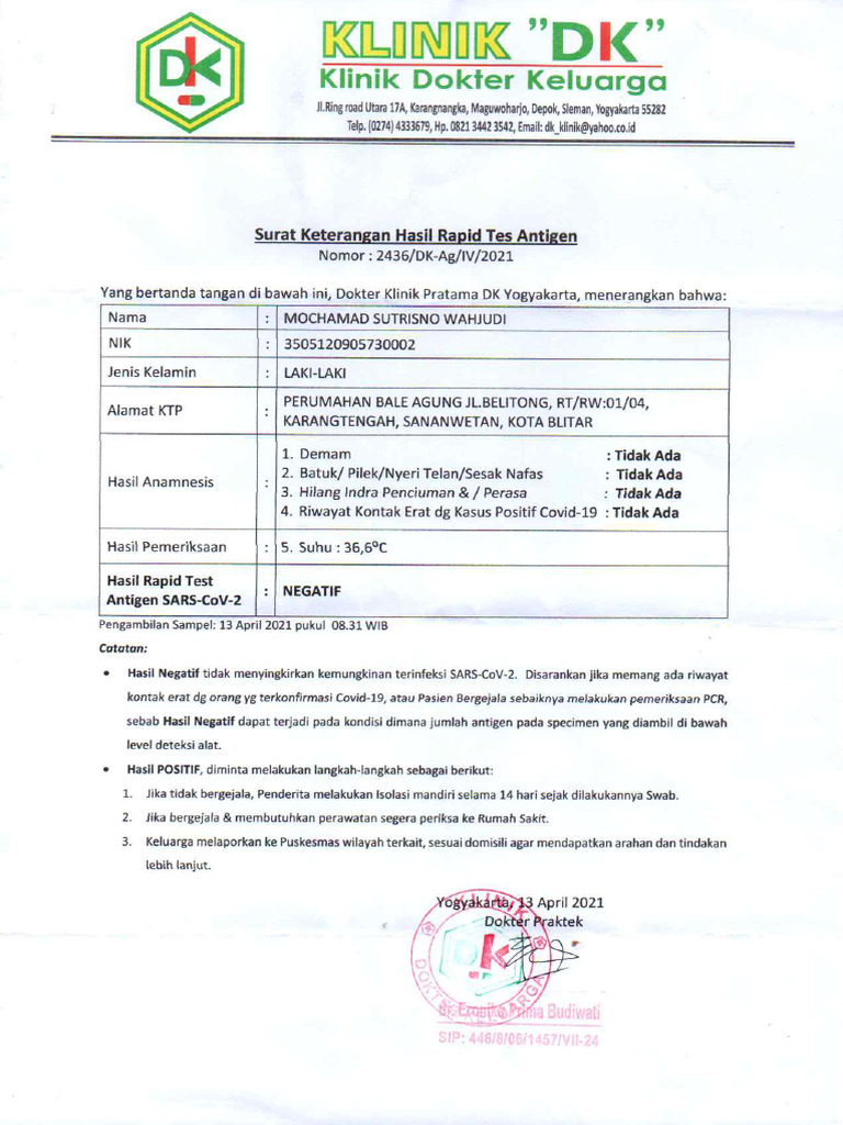 Hasil Rapid Tes Antigen Sutrisno Wahjudi | PDF