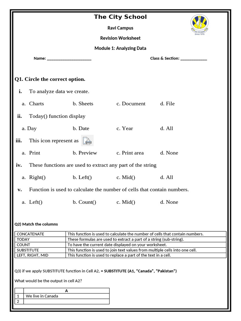 Excel Data Analysis Revision Worksheet | PDF | Microsoft Excel ...