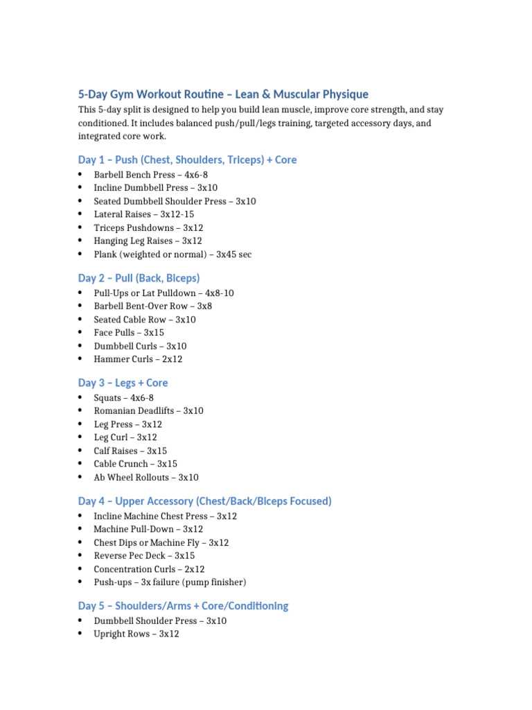 5-Day Lean Muscle Workout Plan | PDF