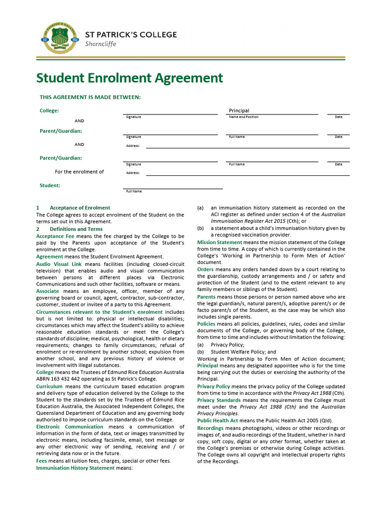 Student Enrolment Agreement Template | PDF | Indemnity