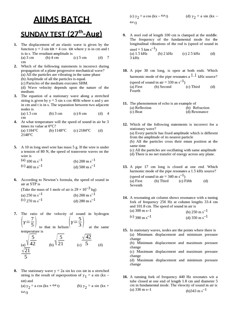 AIIMS Sunday Test: Wave Physics Questions | PDF | Waves | Sound