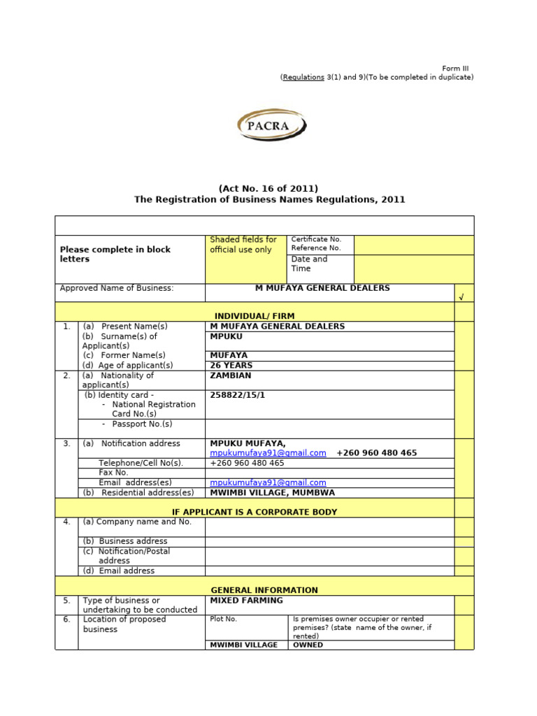 Business Name Registration Form III | PDF