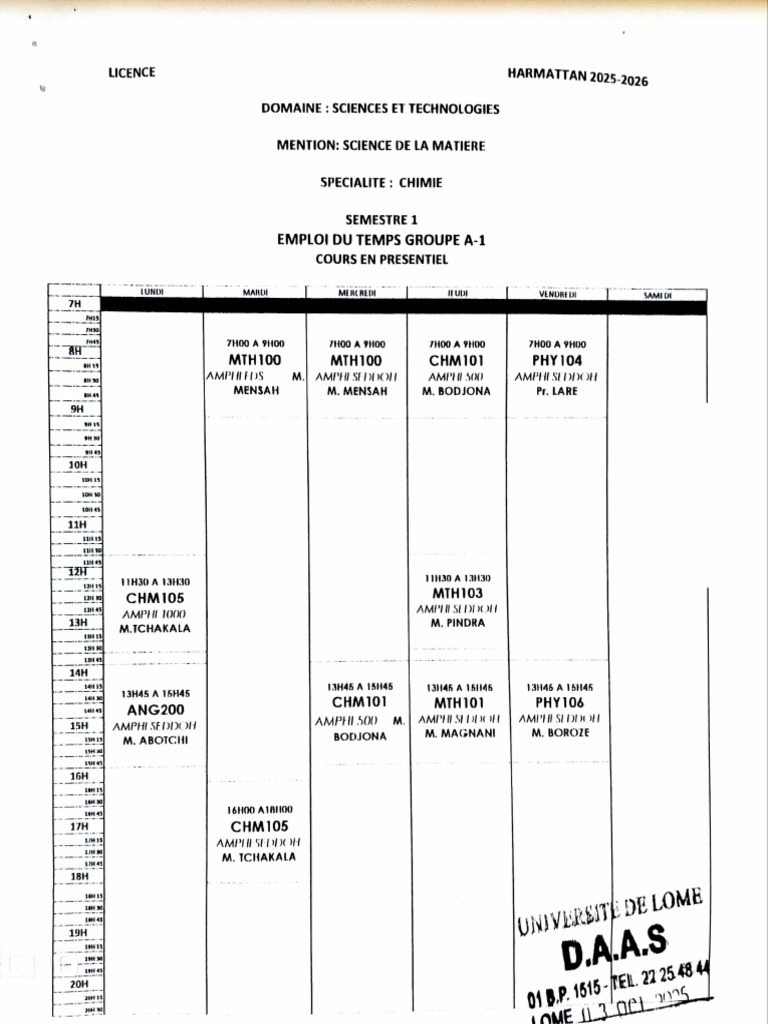 Emploi Du Temps Chimie Harmattan 2025-2026 | PDF