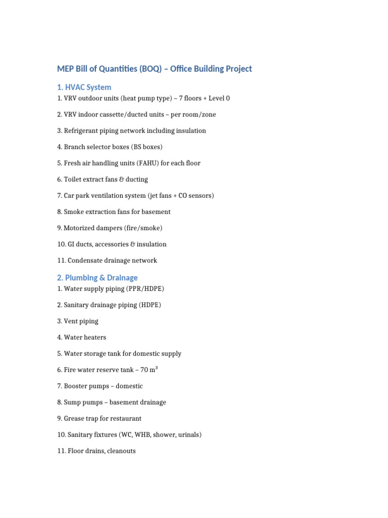 MEP BOQ Office Building | PDF | Basement | Building Engineering