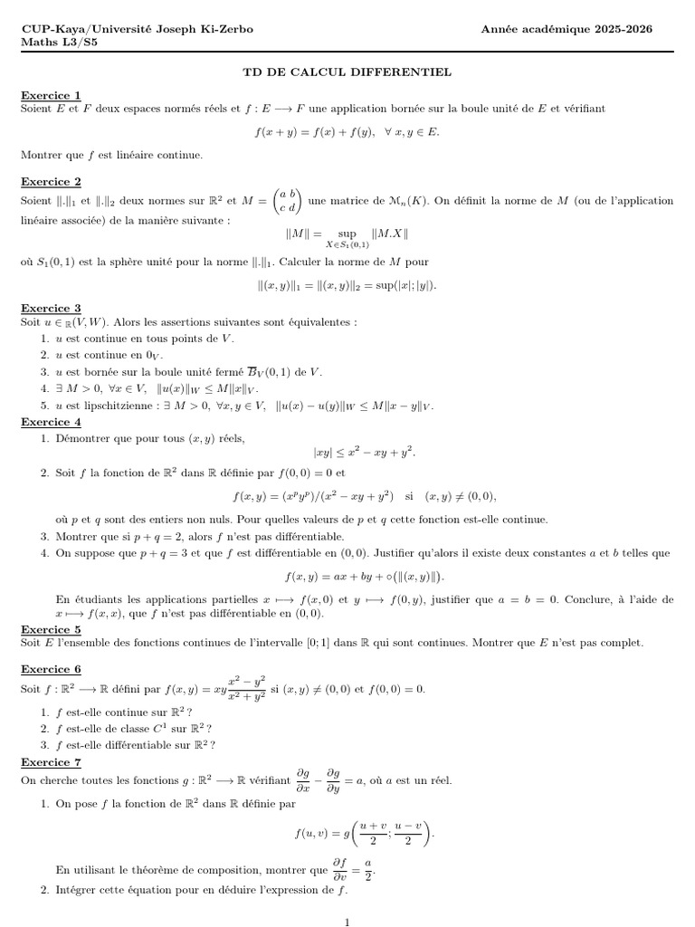 TD de Calcul Différentiel - Maths L3/S5 | PDF | Variété différentielle ...