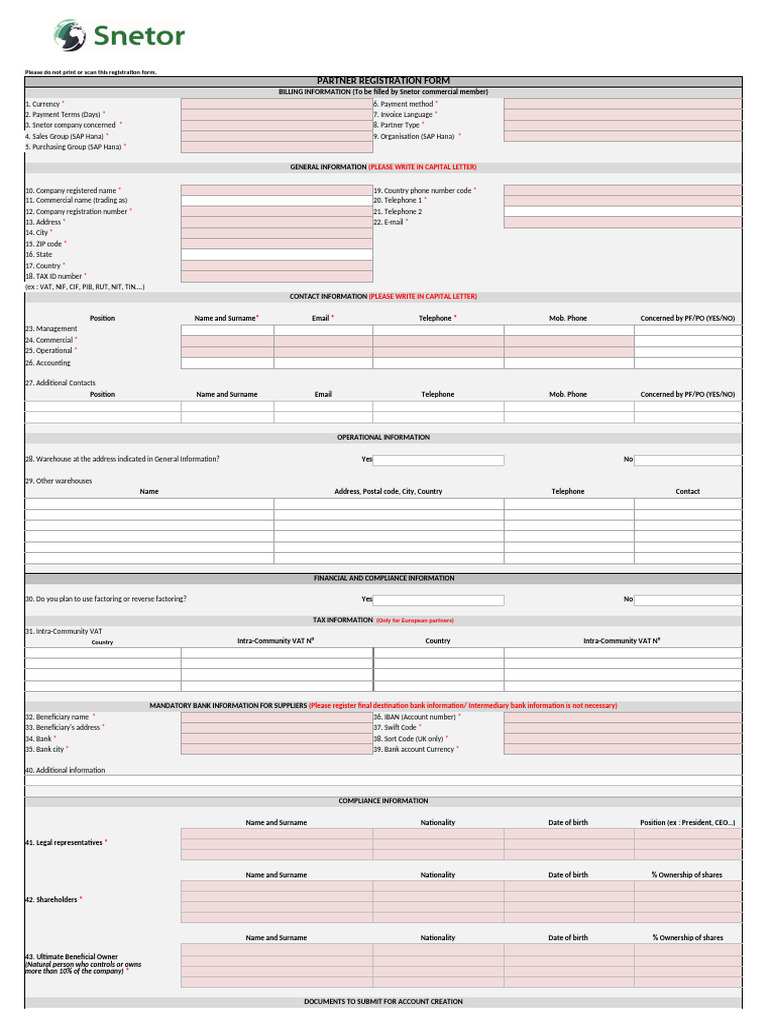 Snetor Partner Registration Form | PDF | Banks | Business