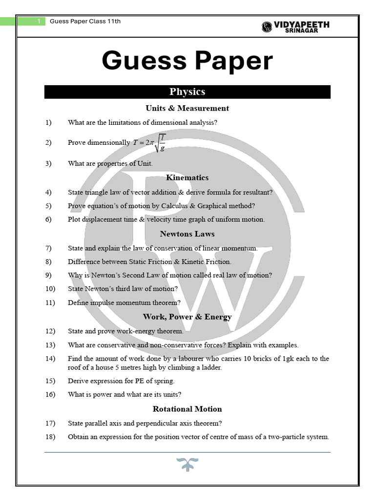 Class 11 Physics & Chemistry Guess Paper | PDF | Rotation Around A ...