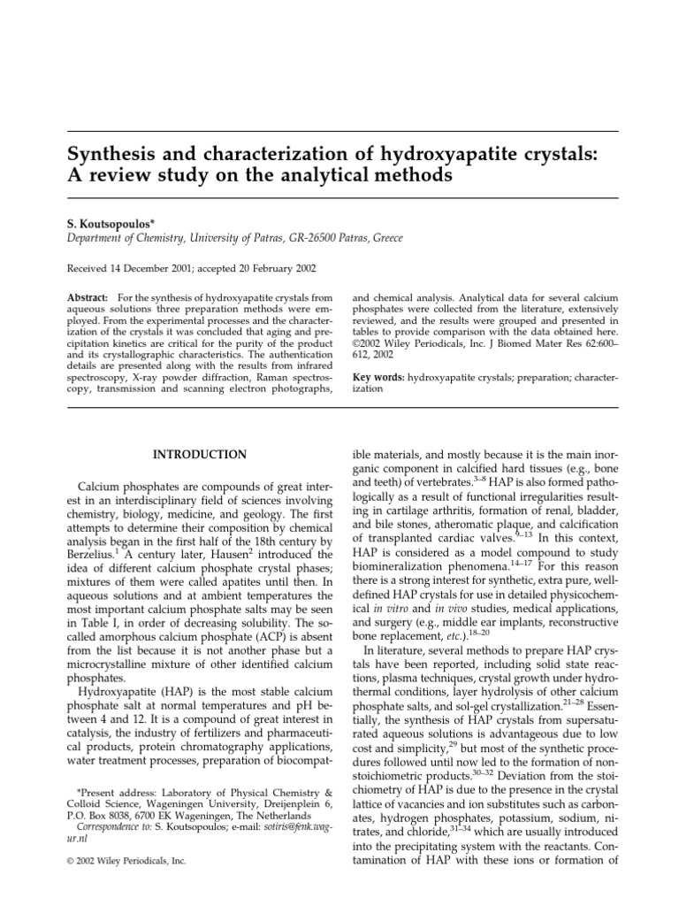 Hydroxyapatite Crystal Synthesis Review | PDF | Infrared Spectroscopy ...