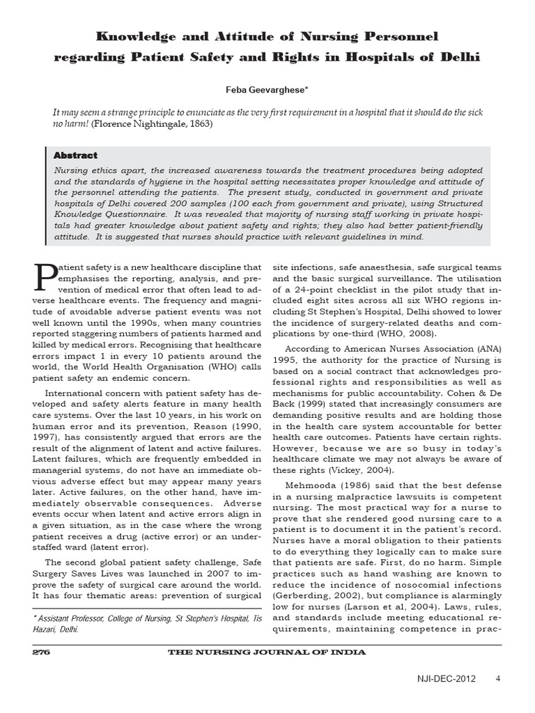 Knowledge and Attitude of Nursing Personnel Regarding Patient Safety ...