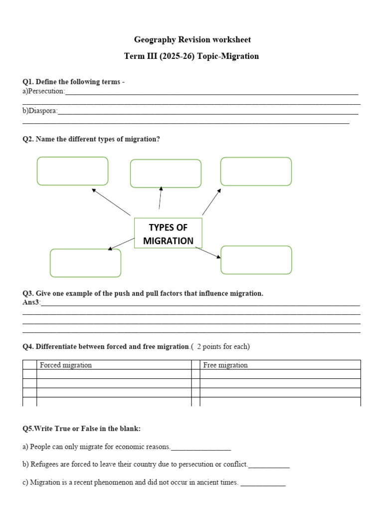 Geography Migration Revision Worksheet | PDF | Human Migration ...