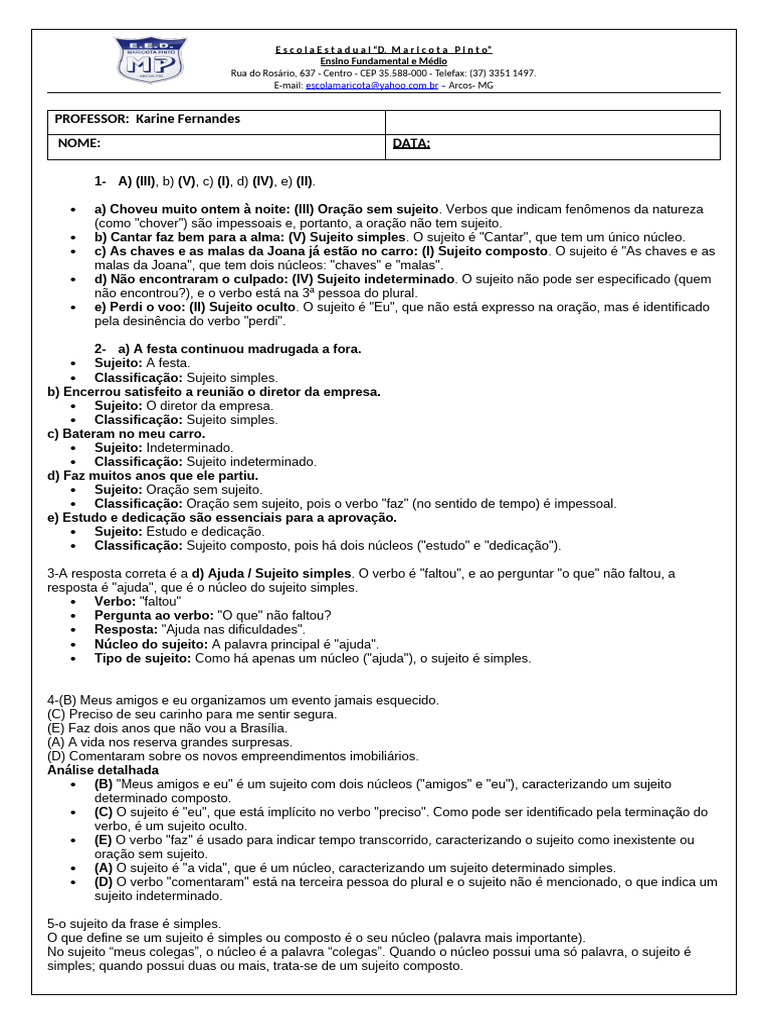 Tipos de Sujeito na Língua Portuguesa | PDF | Assunto (gramática ...