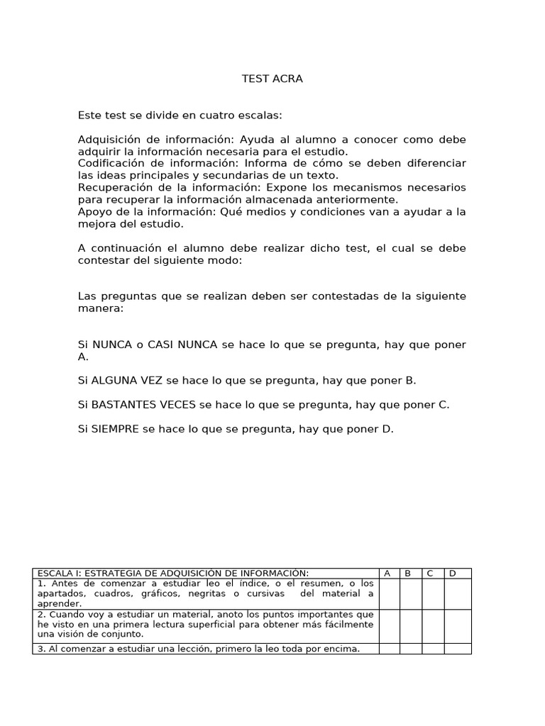 Test Acra Como Documento para Aplicar | PDF | Aprendizaje | Información