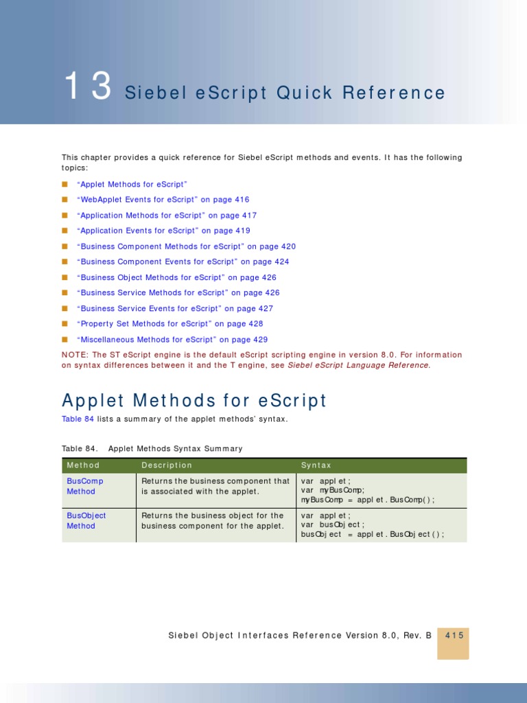 Siebel EScript Quick Reference | Descargar gratis PDF | Scripting ...