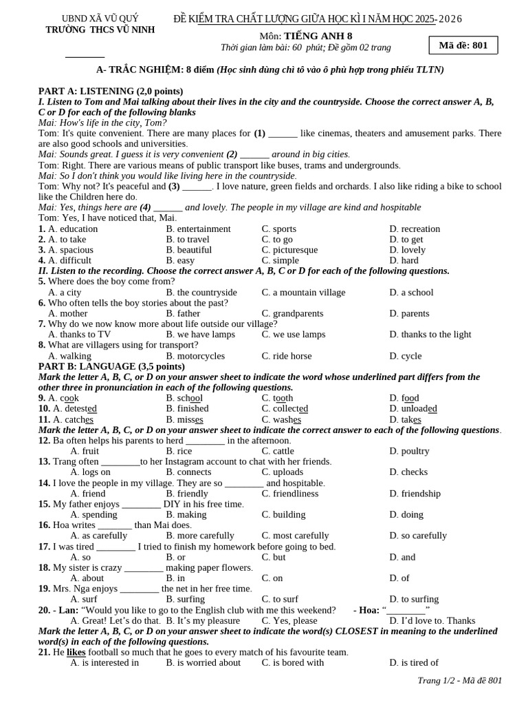 English Test for Grade 8 - Midterm 2025-2026 | PDF