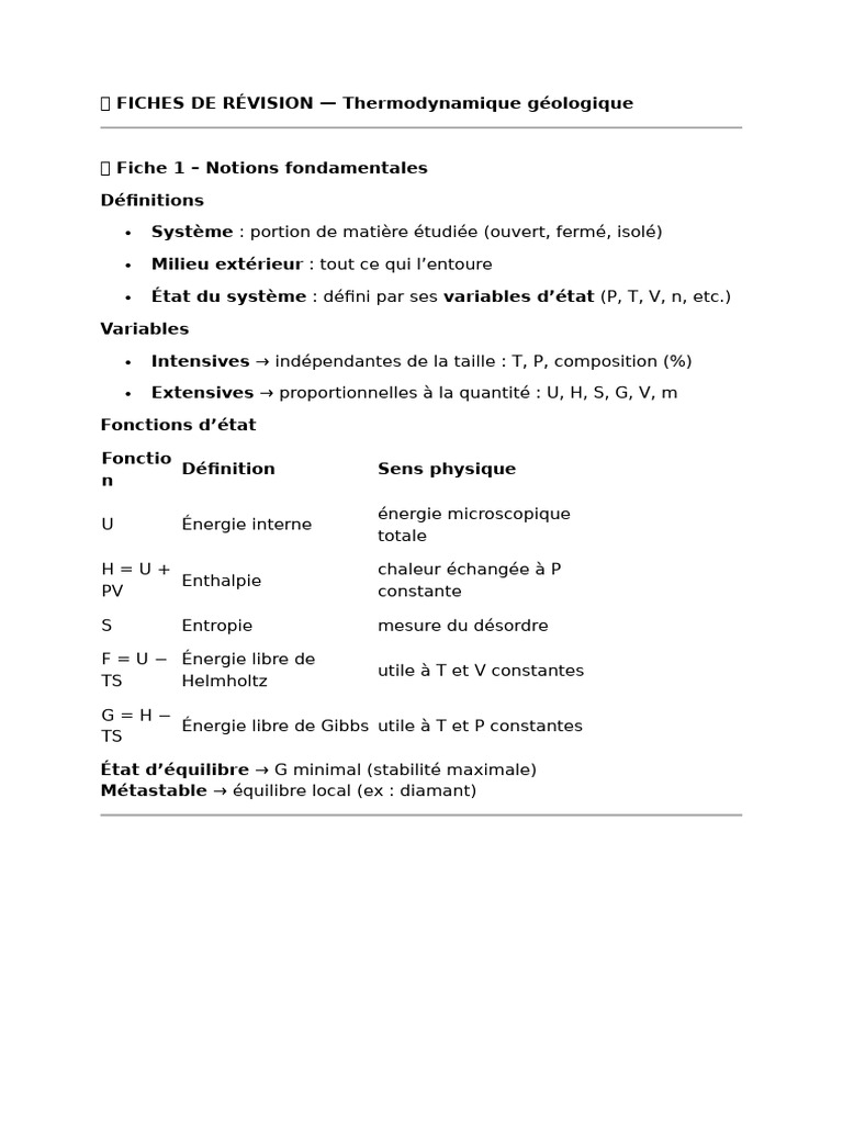 Fiches de révision en thermodynamique | PDF | Équilibre chimique ...