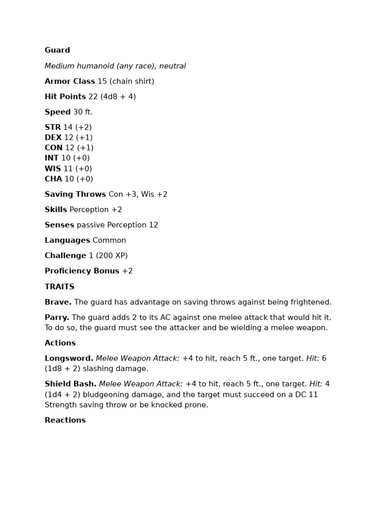 D&D Guard Stat Block Guide | PDF