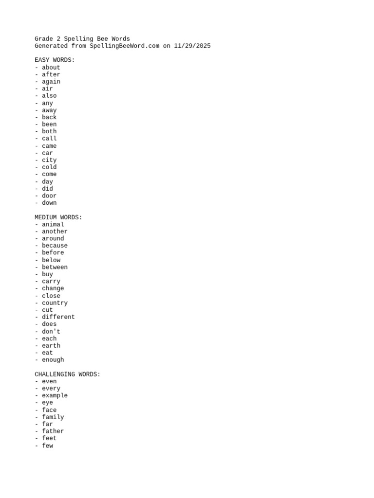 Grade 2 Spelling Bee Word List | PDF
