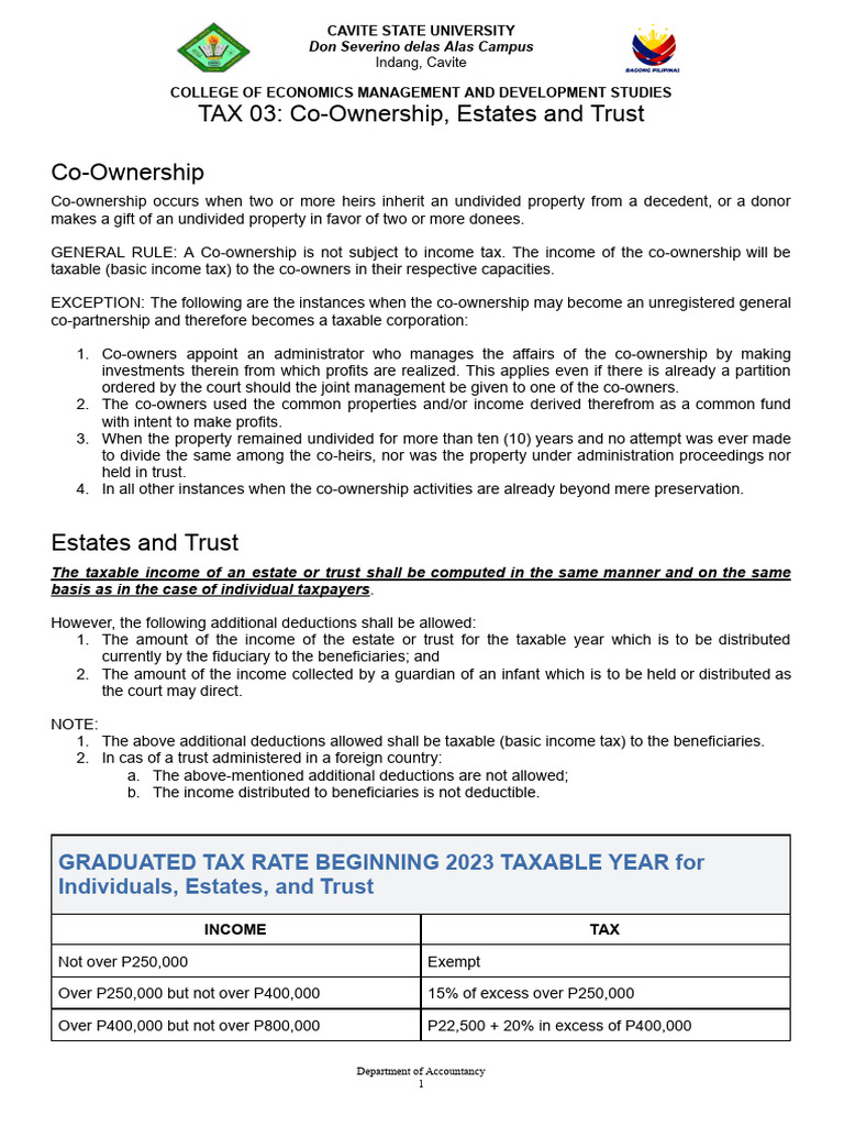 TAX03 Co-Ownership, Estates and Trust | PDF | Taxes | Tax Deduction