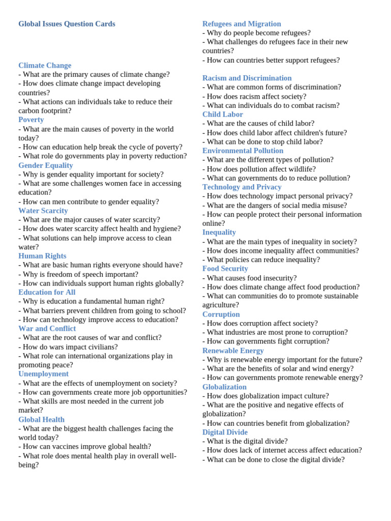 Global Issues Discussion Cards | PDF | Poverty | Poverty & Homelessness