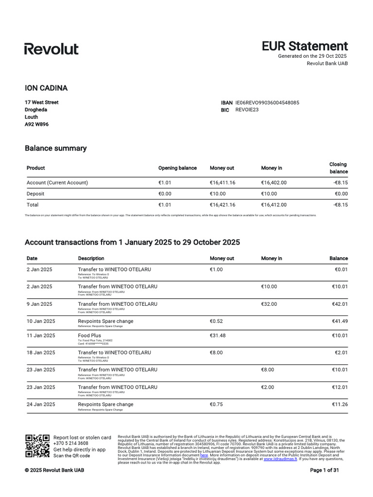 Revolut Bank EUR Statement Summary | PDF | Banks | Lithuania