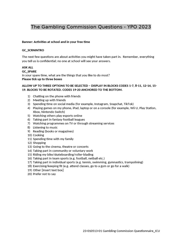 Gambling Activities Survey 2023 | PDF | Gambling | Slot Machine