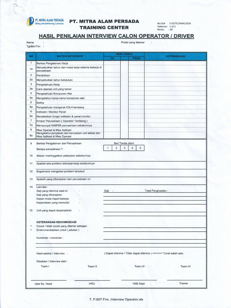 Form Hasil Interview Operator | PDF