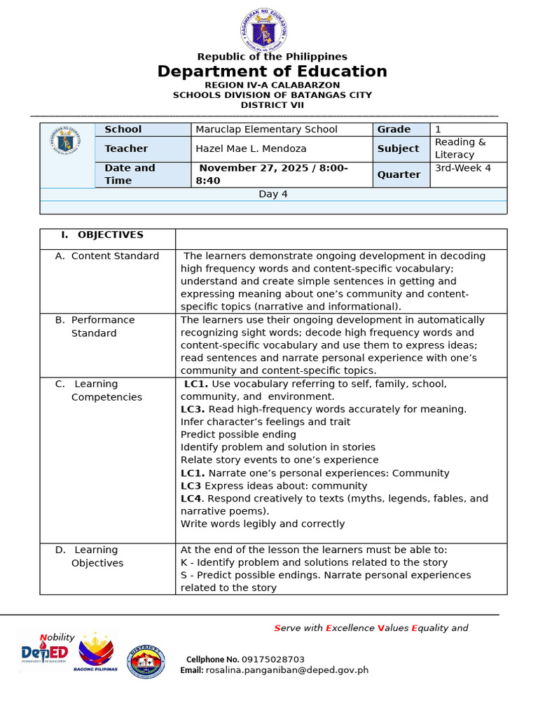 Grade 1 Reading Lesson Plan | PDF | Learning Methods | Human Communication