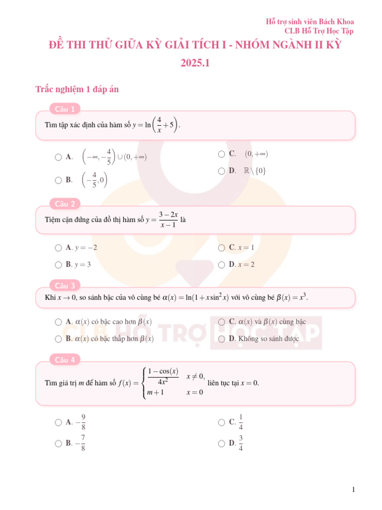 Đề Thi Thử Giữa Kỳ 2025.1 - Nn2 - Gt1 - Clb Htht | PDF
