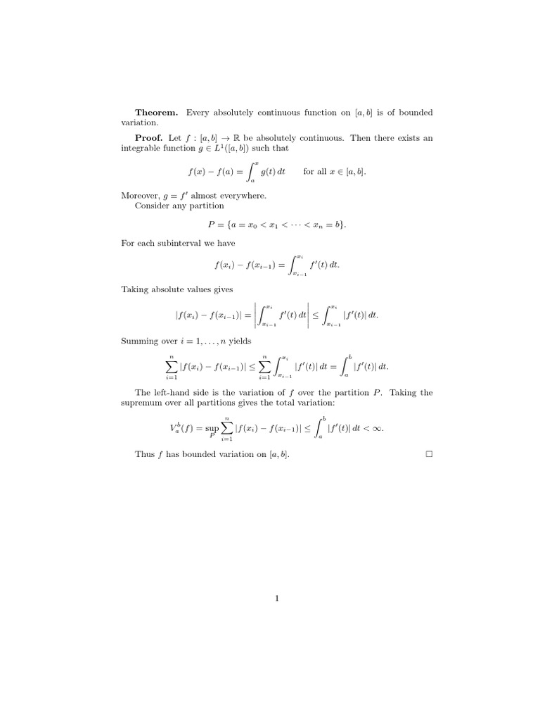 Bounded Variation of Absolutely Continuous Functions | PDF