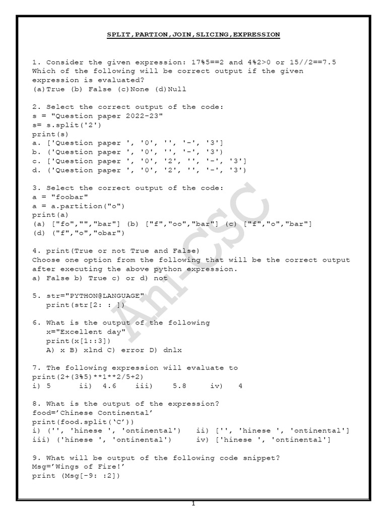 Split, Partion, Join, Strip, Slicing, Expression QP | PDF | Programming ...