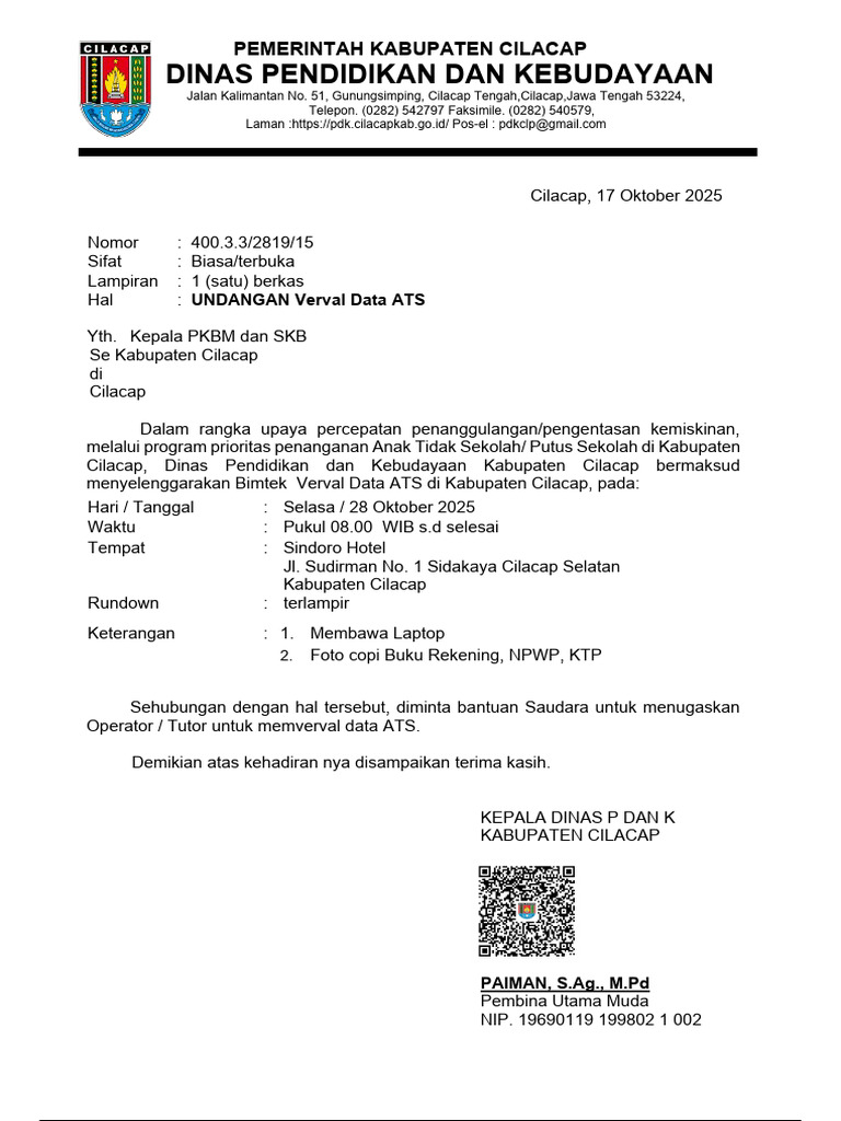 Undangan Bimtek Verval Data ATS Cilacap | PDF