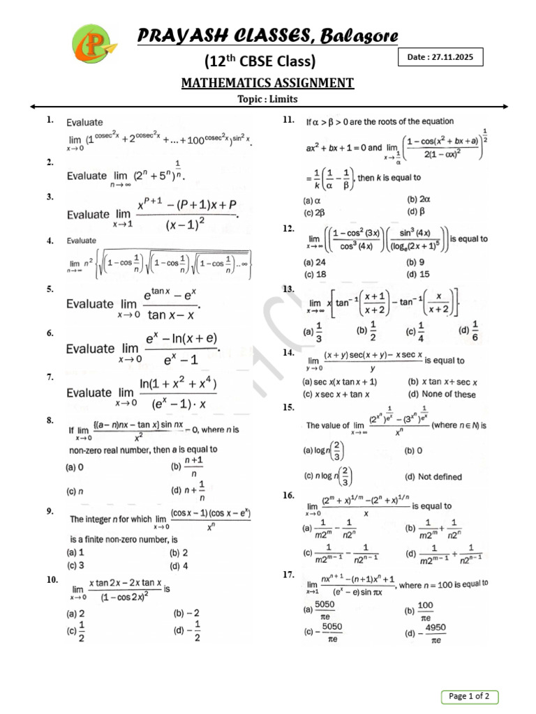 12th Mathematics Assignment Limits 27.11.2025 | PDF