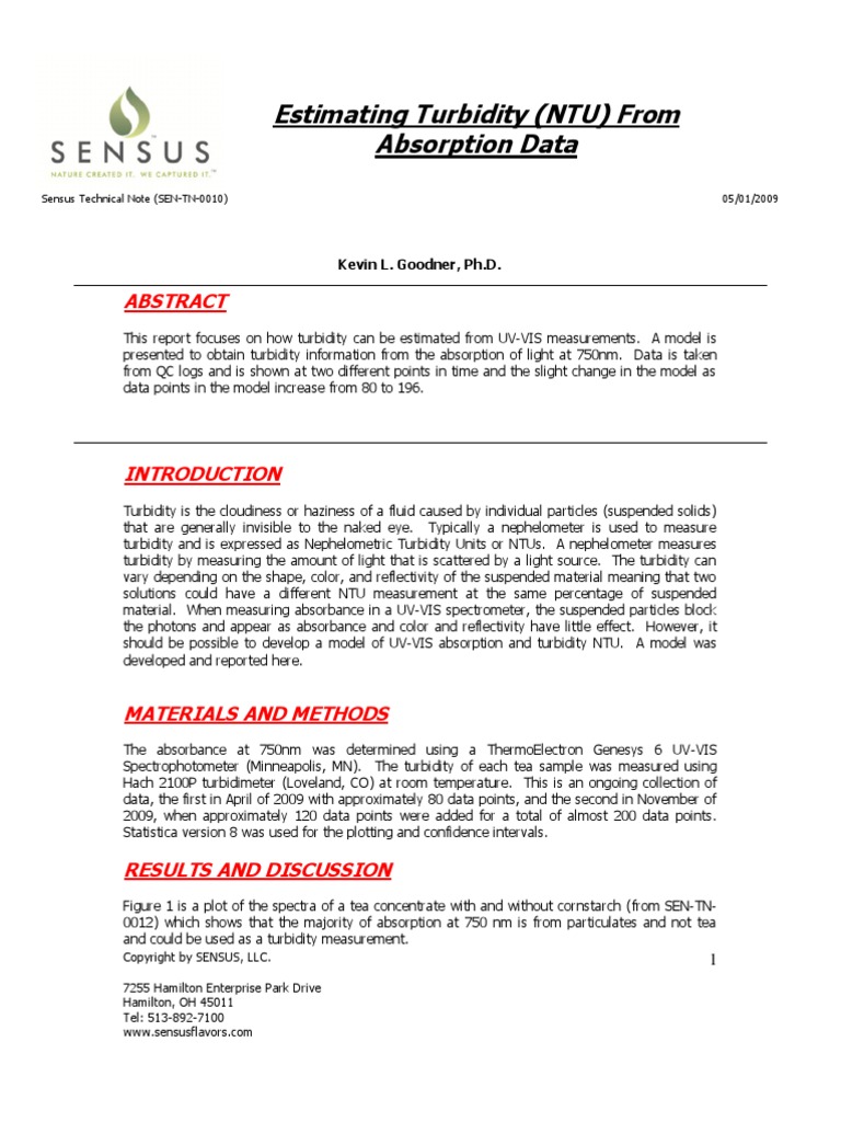 Estimating Turbidity (NTU) From Absorption Data Kevin L. Goodner, PH.D