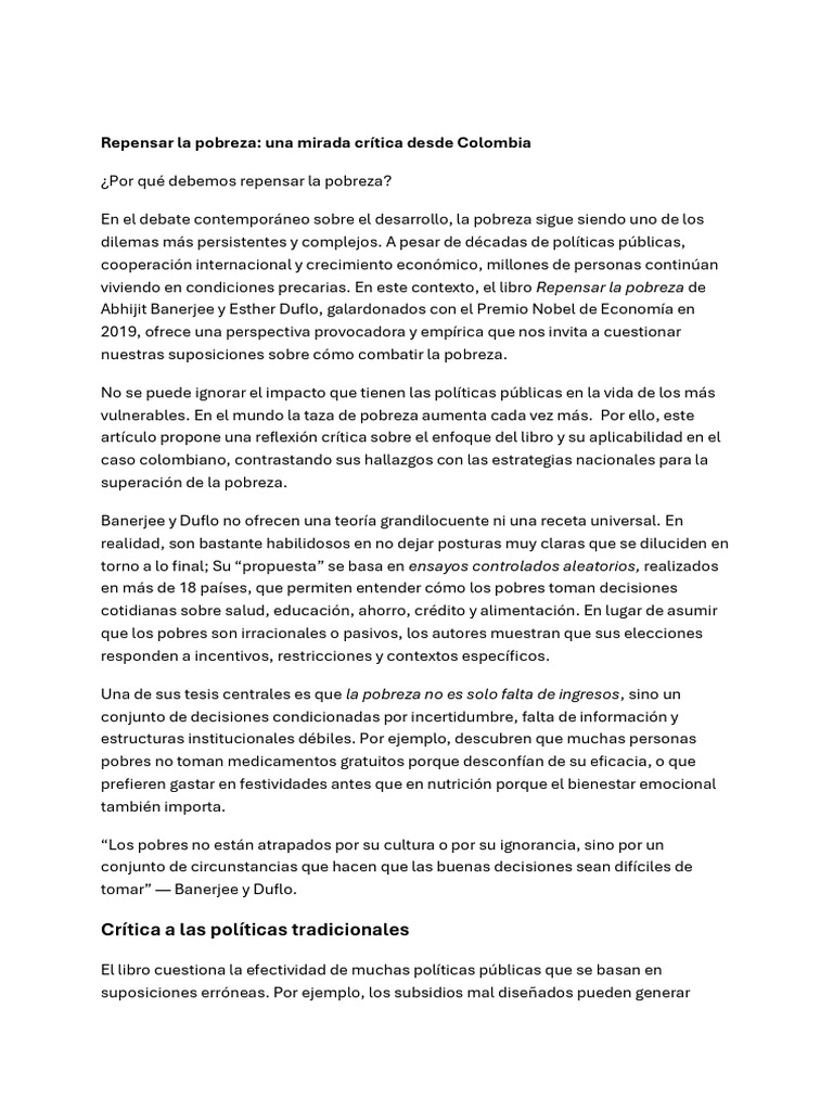 Repensar la pobreza en Colombia | PDF | Pobreza | Pobreza e indigencia