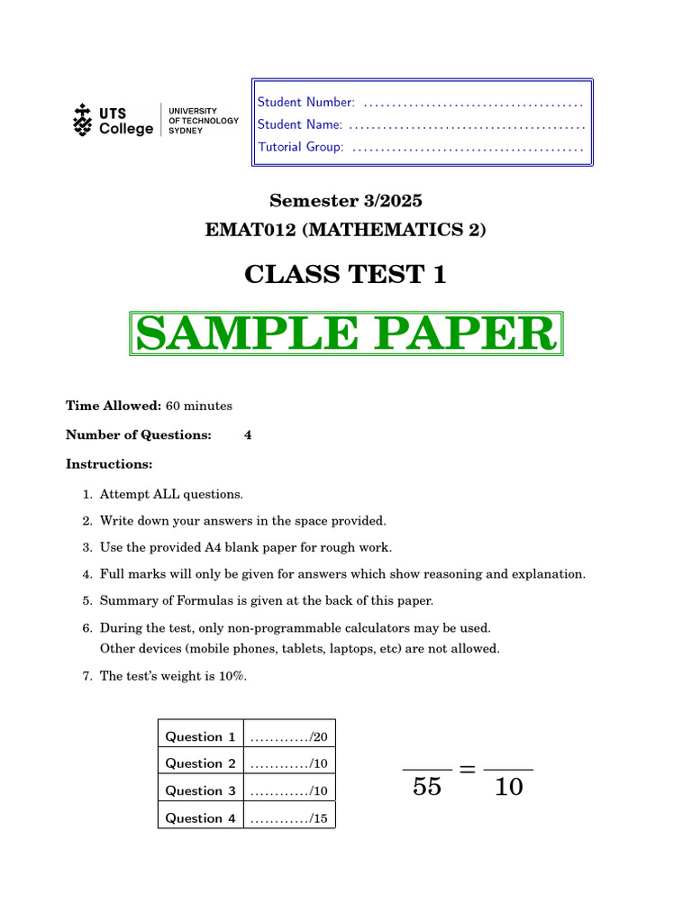 EMAT012 Mathematics 2 Class Test 1 | PDF | Outlier | Applied Mathematics
