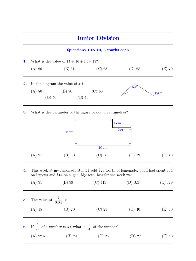 Junior Division Math Questions and Answers | PDF | Euclidean Geometry ...
