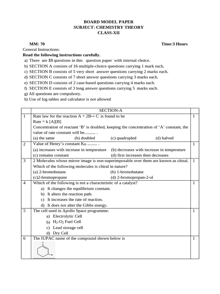 Class Xii QP | PDF | Reaction Rate | Chemical Reactions