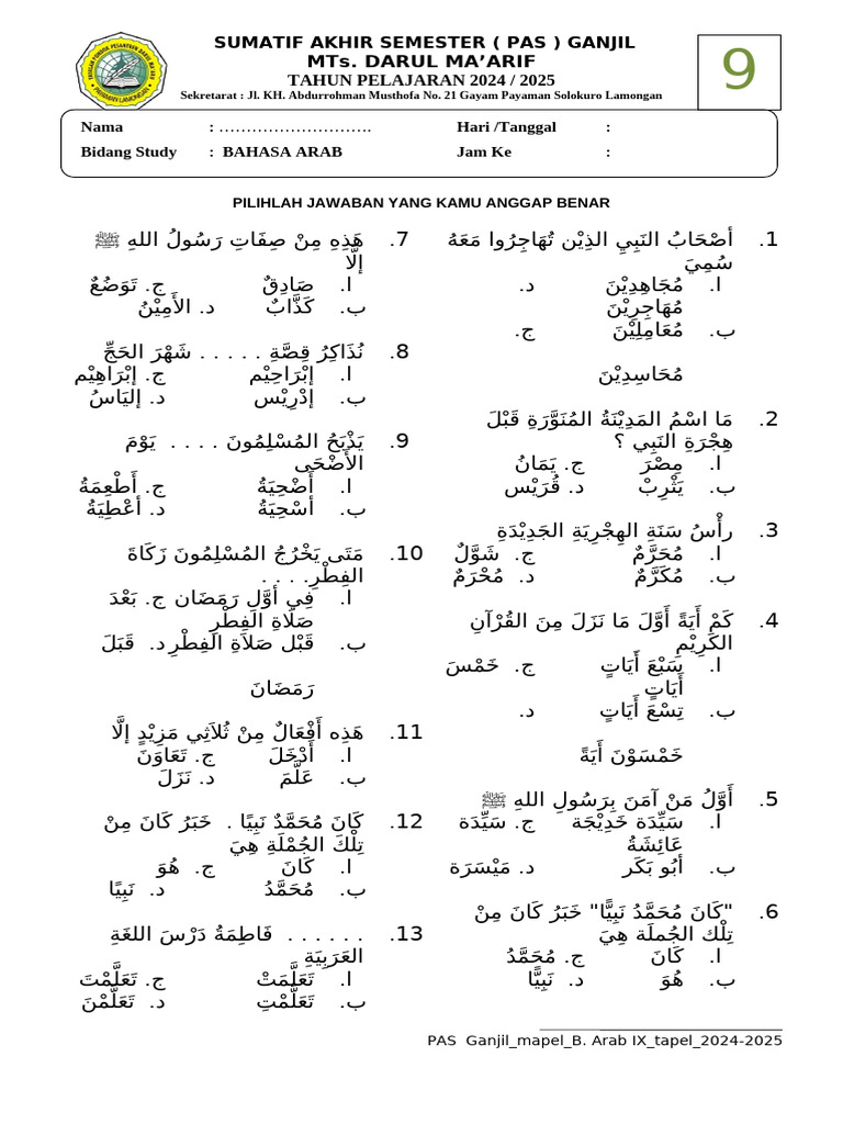 Soal SAS B Arab Kls 9 Ganjil 24-25 | PDF
